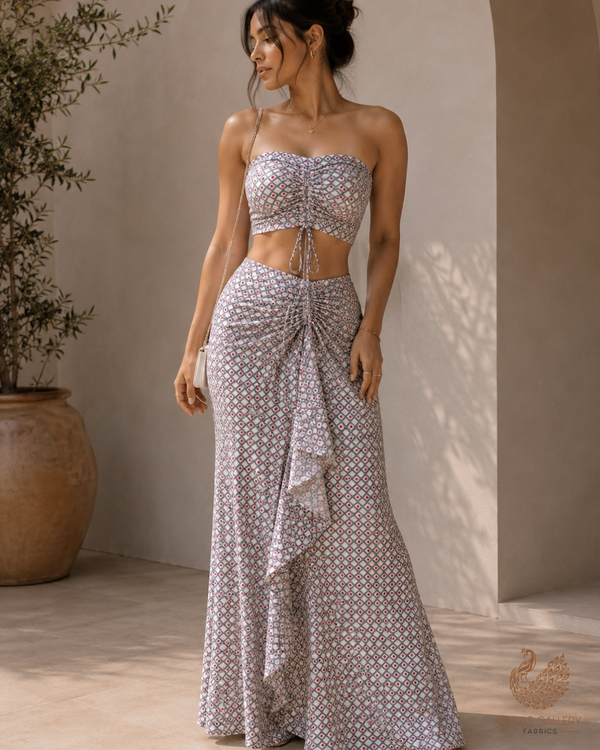 Grey Linen Satin Fabric with Allover Abstract Pattern 14499