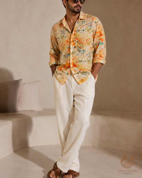 Light Yellow Natural Crepe Fabric with Allover Abstract Print 14527