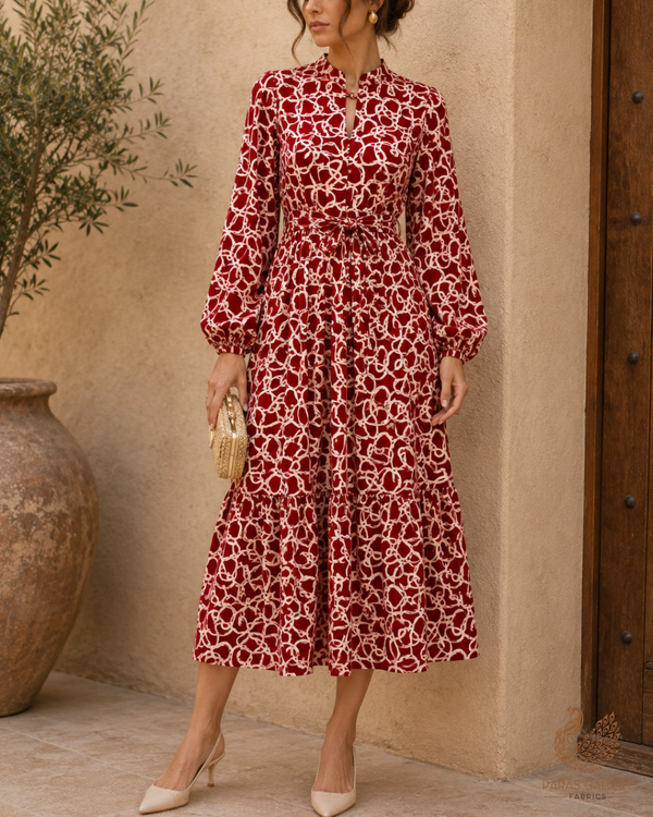 Maroon Crepe Fabric with Allover Geometric Print 14595