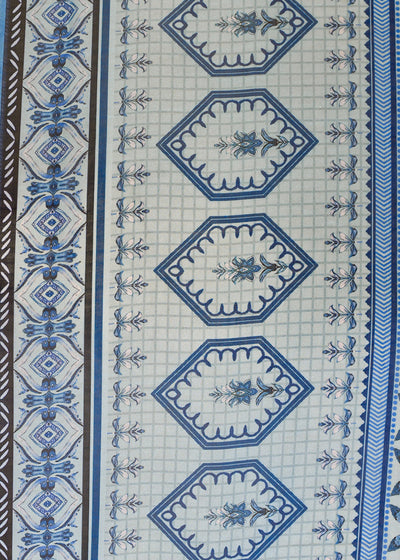 Sky Blue Organza Fabric with All Over Traditional Print and One Side Border 14632