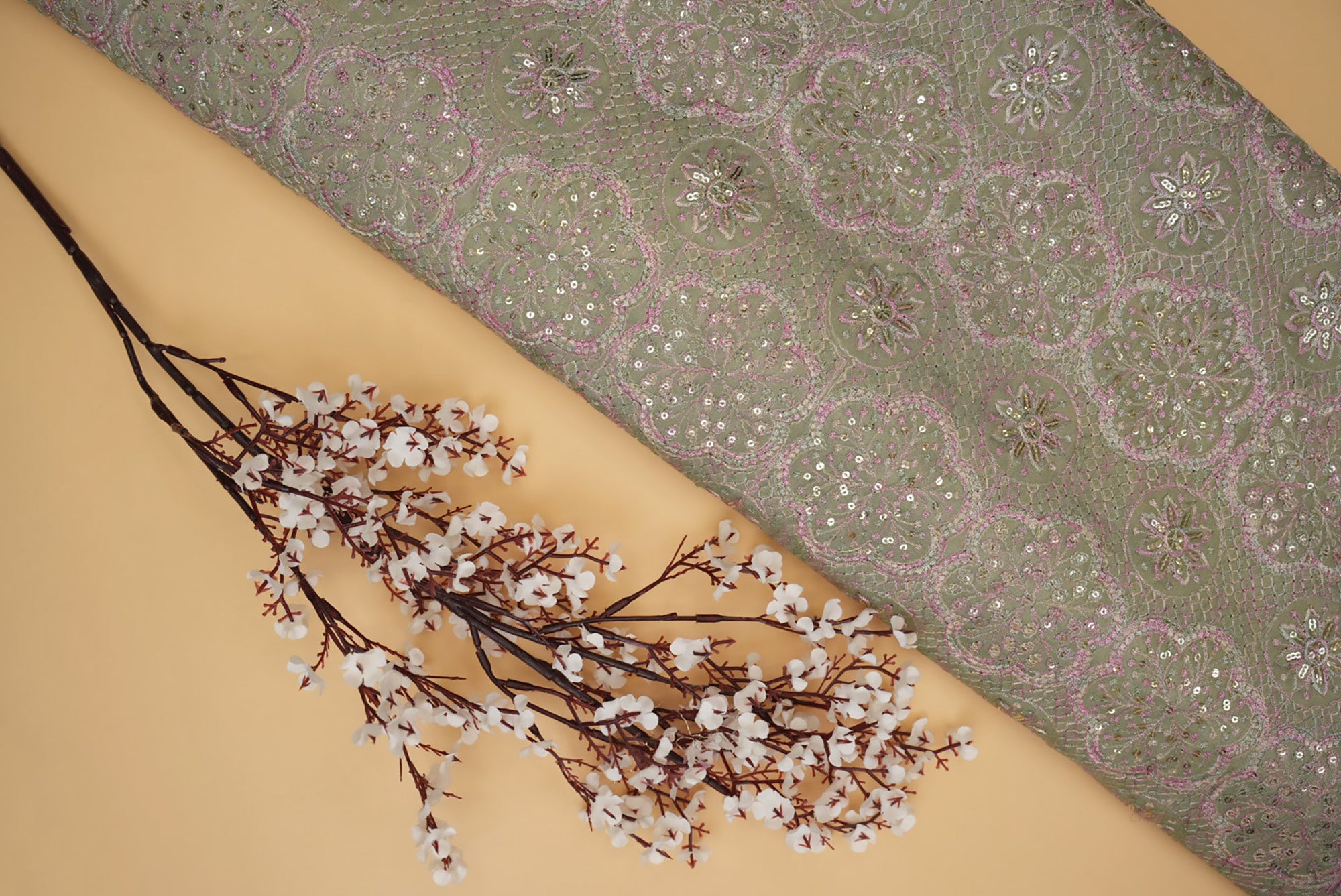 Pastel Green Floral Chinon Chiffon with Multi-Thread & Sequins