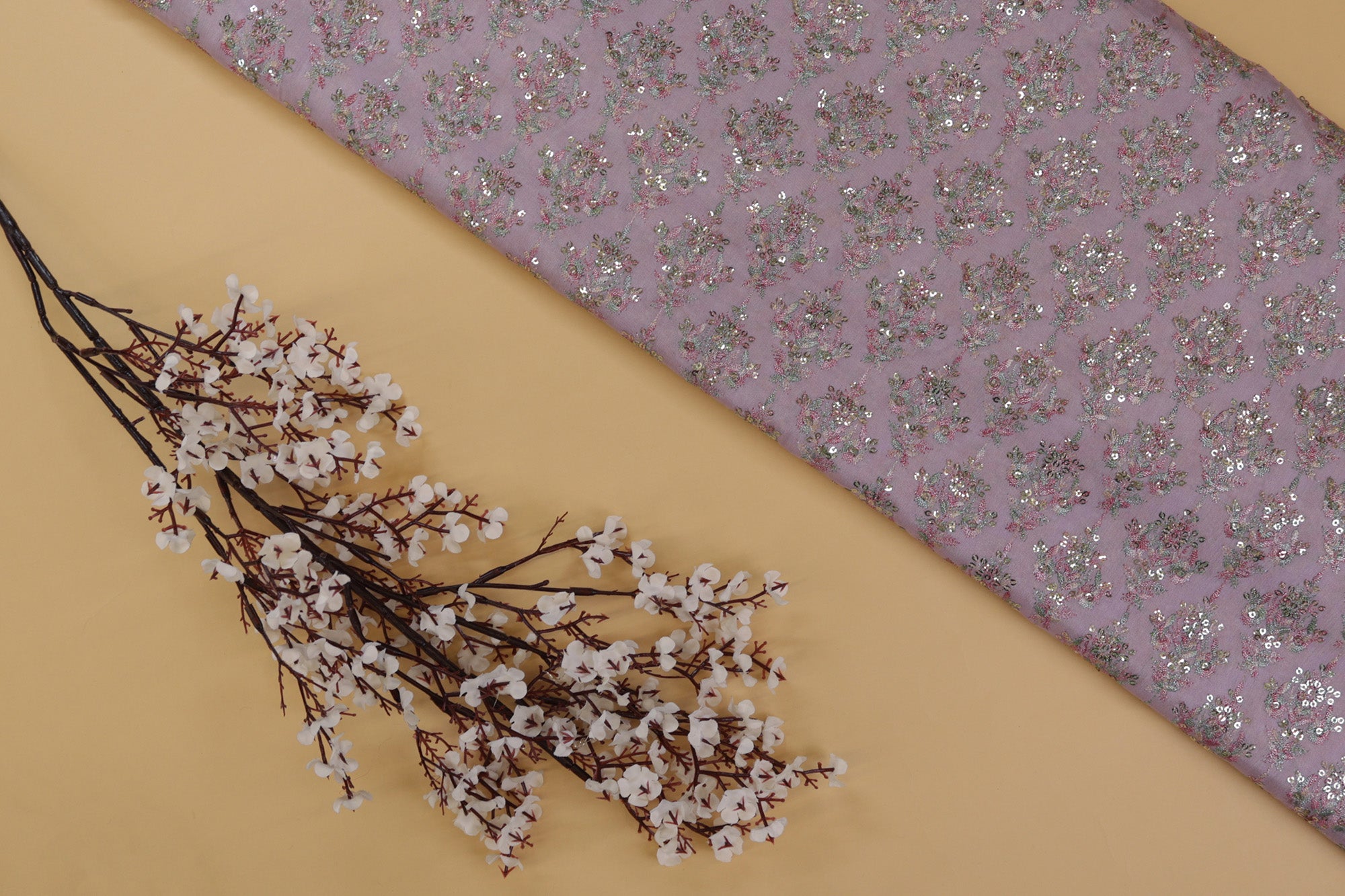 Lavender Floral Chinon Chiffon with Multi-Thread & Sequins Elegance