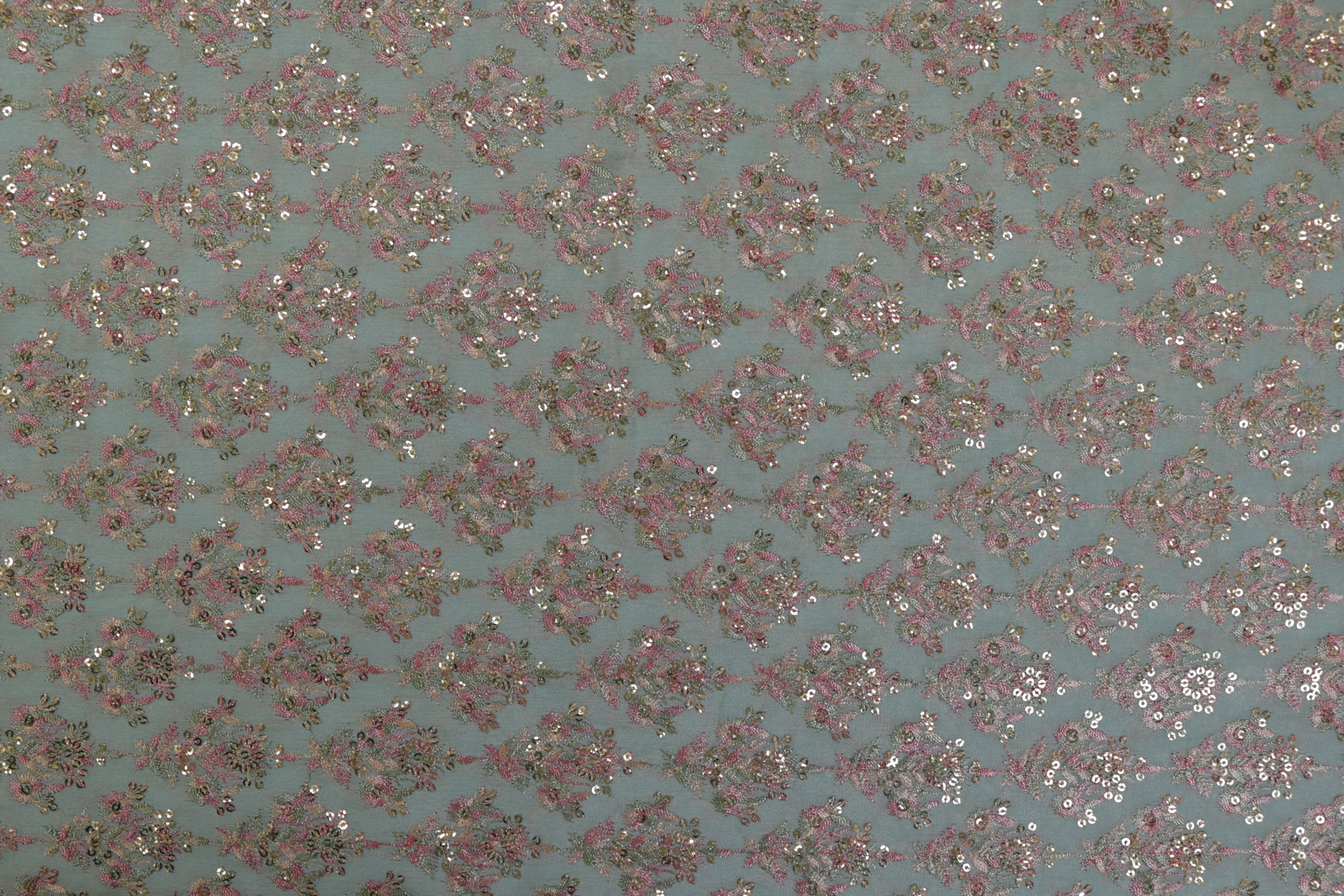 Pastel Blue Floral Chinon Chiffon with Multi-Thread & Sequins