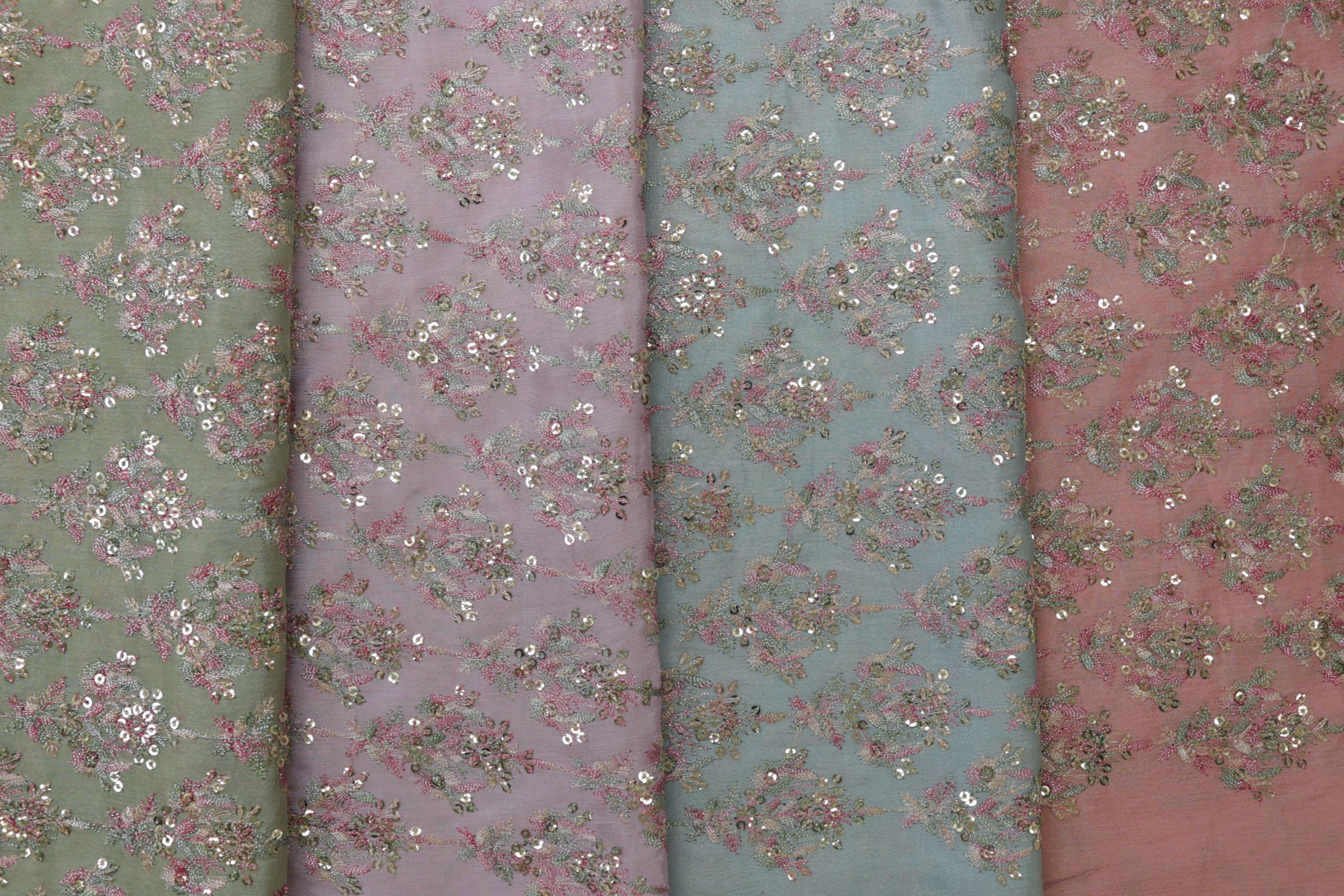 Pastel Green Floral Chinon Chiffon with Multi-Thread & Sequins