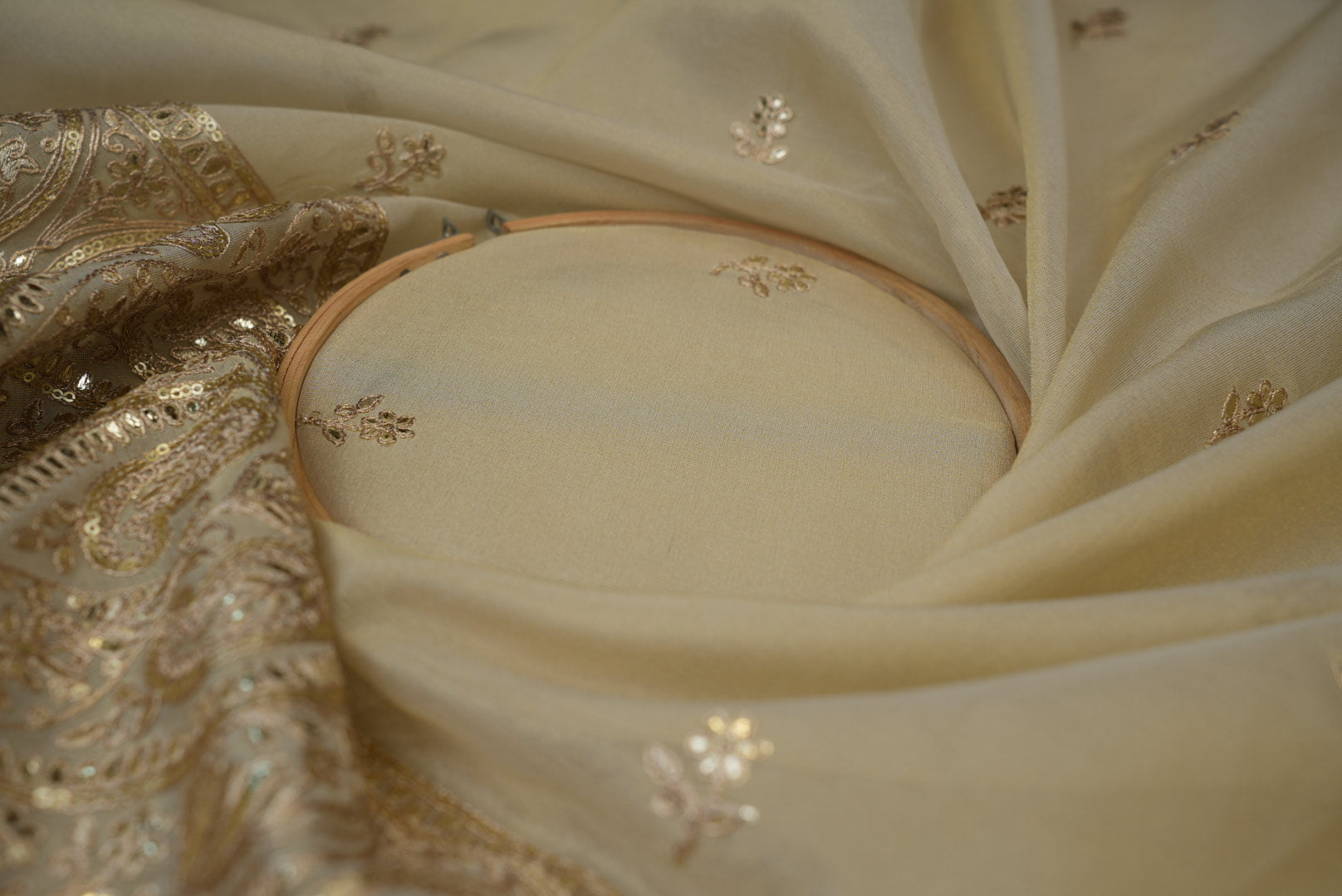 Golden Elegance Zari, Gota Patti & Embroidered Tissue with Border