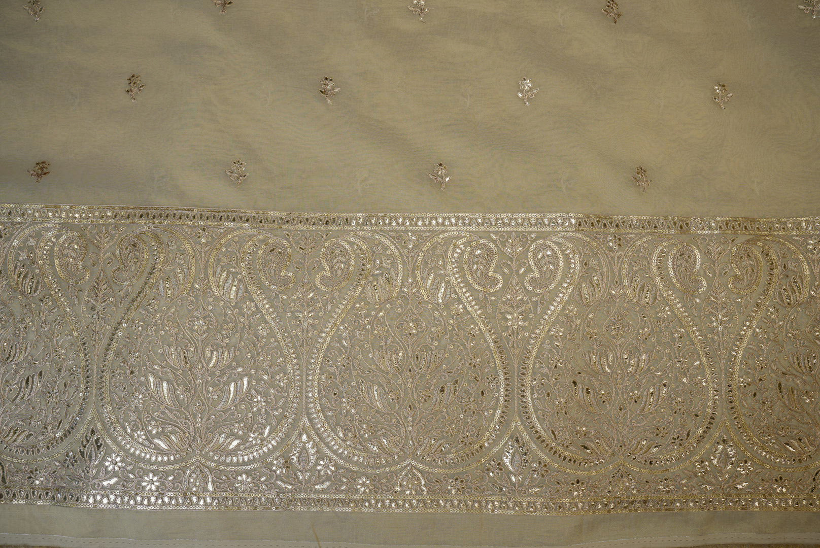 Golden Elegance Zari, Gota Patti & Embroidered Tissue with Border