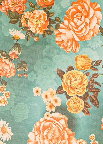 Green Organza Fabric with All Over Floral Print 14789