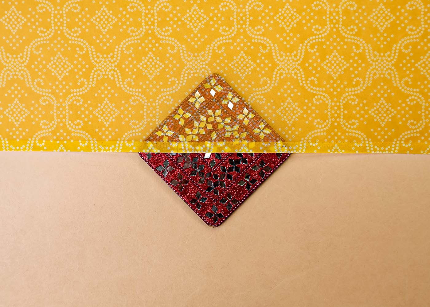 Mustard Organza Fabric with All Over Traditional Print 14797