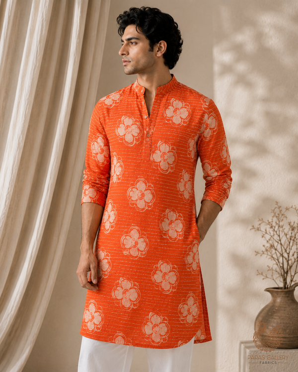 Orange Georgette Fabric with All Over Floral Print, Thread & Sequins Work 14850