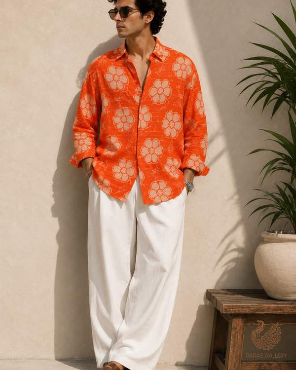 Orange Georgette Fabric with All Over Floral Print, Thread & Sequins Work 14850