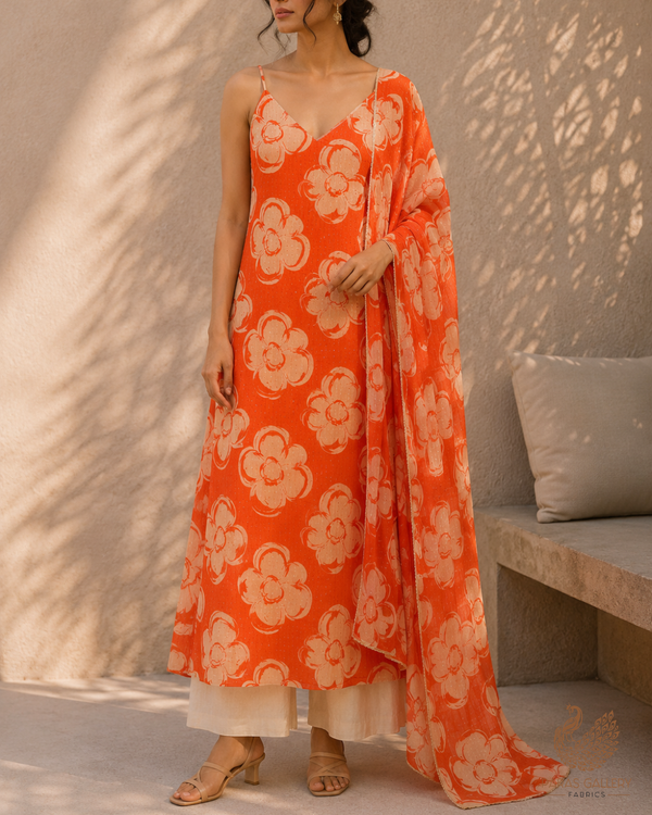 Orange Georgette Fabric with All Over Floral Print, Thread & Sequins Work 14850