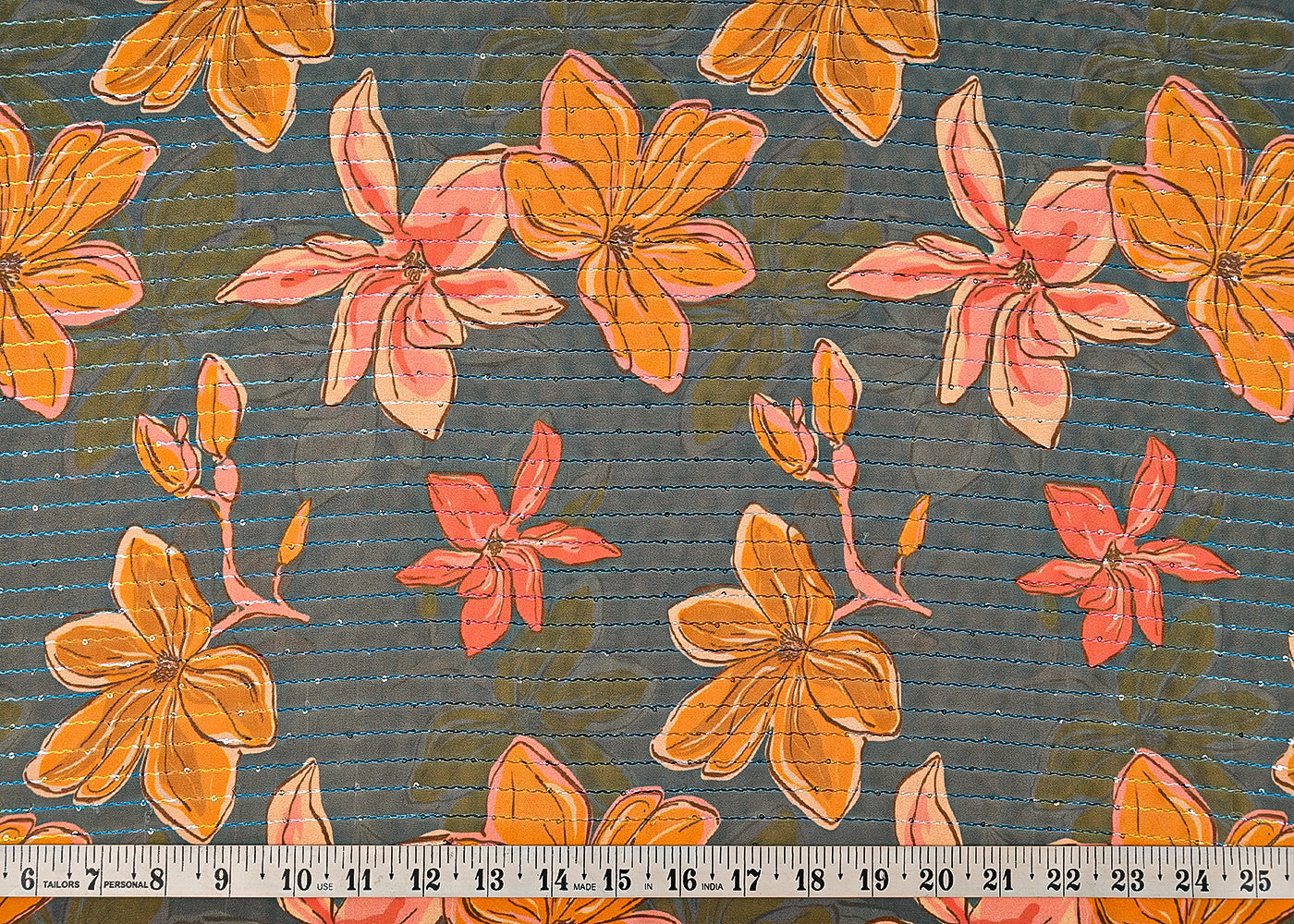 Teal Blue Georgette Fabric With All Over Floral Print, Thread And Sequins Work 14852