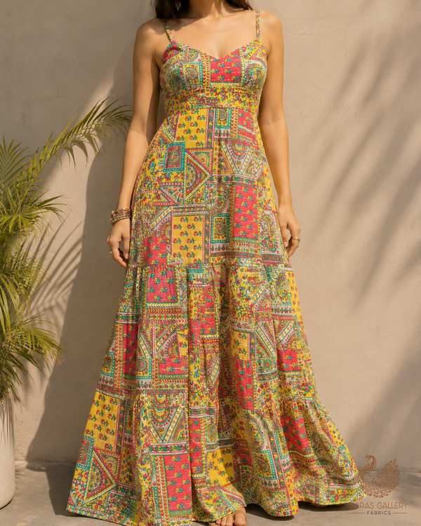 Yellow Georgette Fabric With All Over Traditional Print 14866