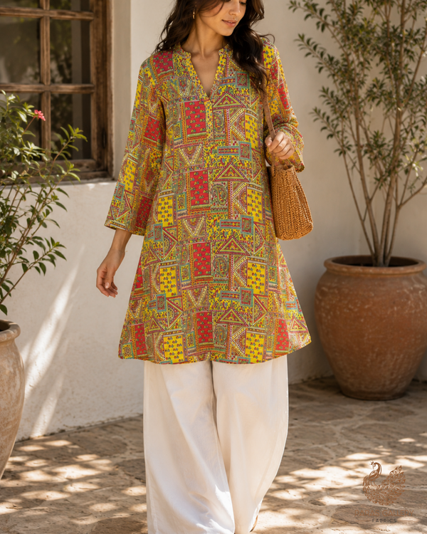 Yellow Georgette Fabric With All Over Traditional Print 14866