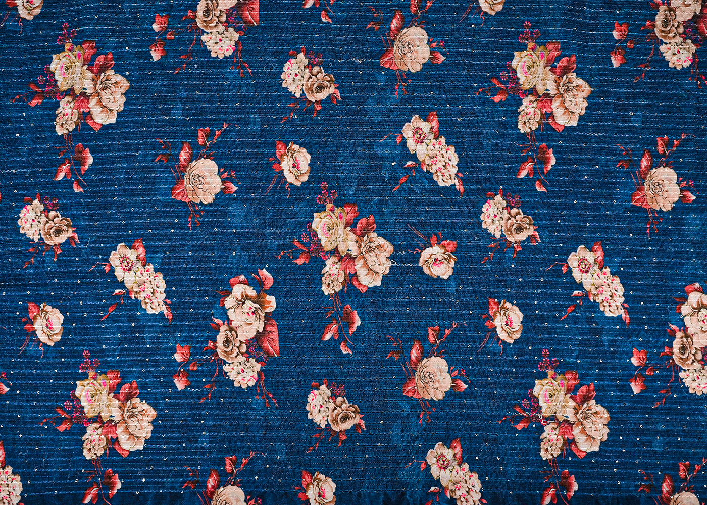 Blue Chinon Chiffon Fabric With All Over Floral Print, Thread And Sequins Work 14871