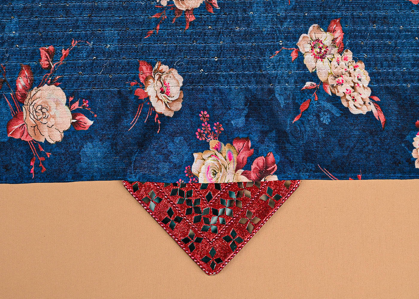 Blue Chinon Chiffon Fabric With All Over Floral Print, Thread And Sequins Work 14871