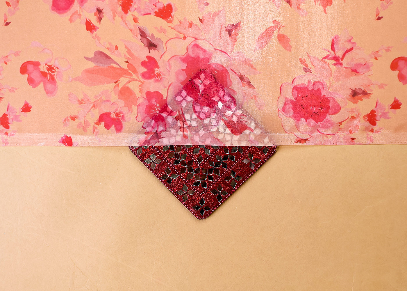 Peach Satin Organza Fabric with All Over Floral Print 14908