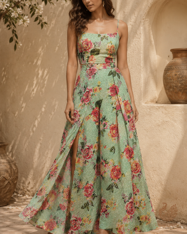 Mint Green Georgette Fabric With All Over Floral Print 14943