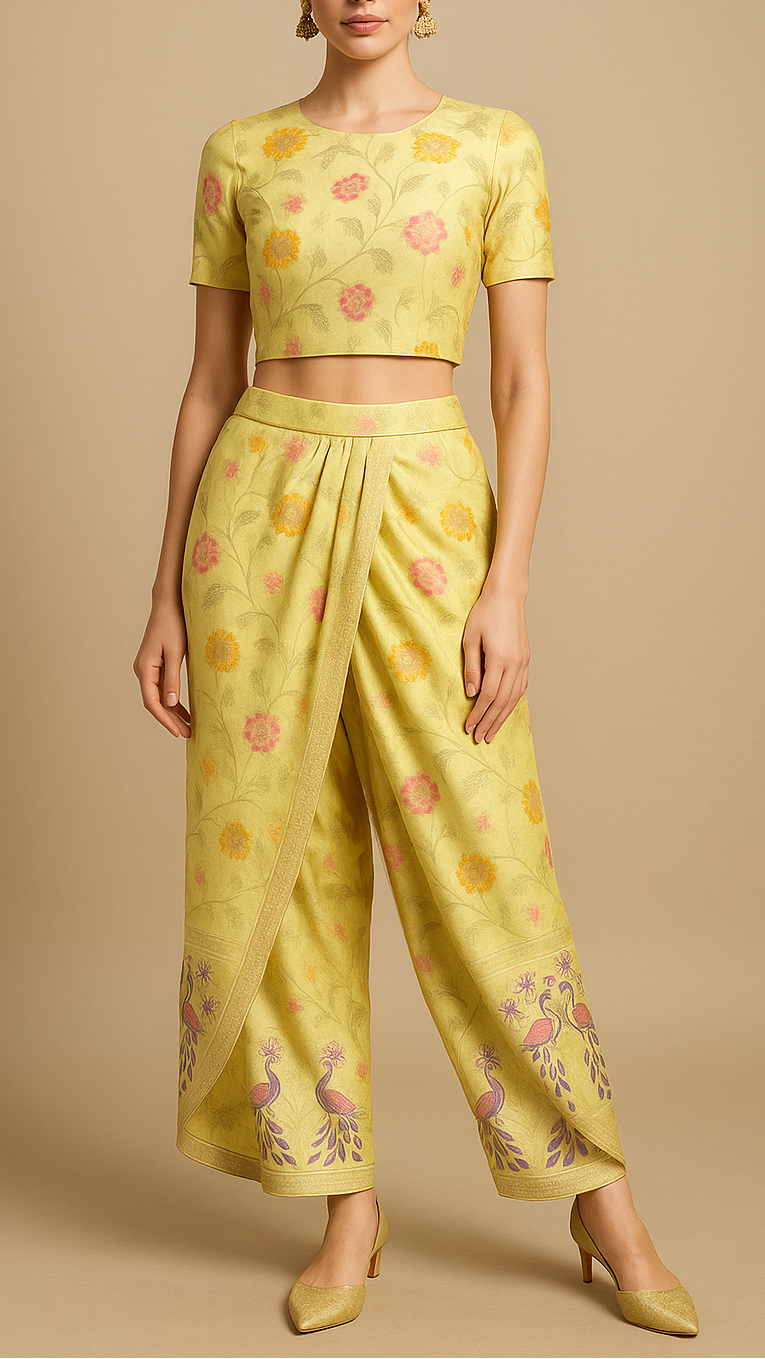 Lemon Yellow Silk Fabric With All Over Floral Print And Zari Handloom With One Side Heavy Border 16418