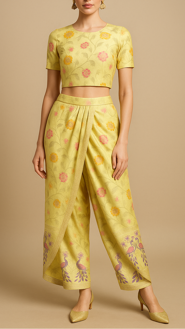 Lemon Yellow Silk Fabric With All Over Floral Print And Zari Handloom With One Side Heavy Border 16418