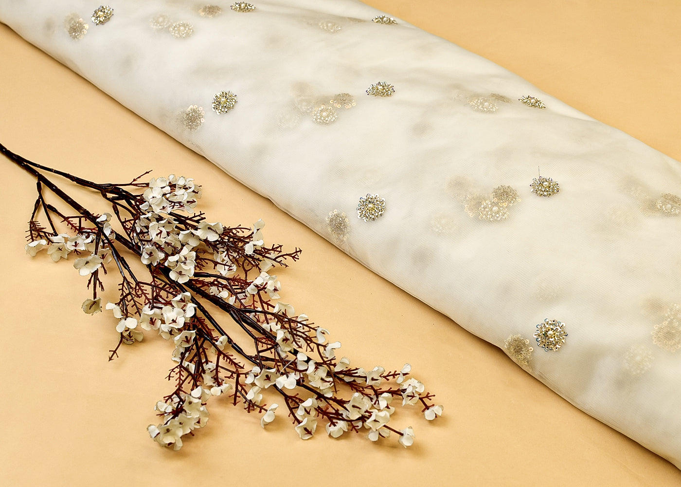 White Net Fabric with All Over Katdana, Rainbow Sequins, and Bead Buti 15002