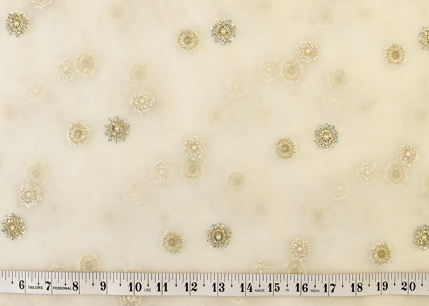 White Net Fabric with All Over Katdana, Rainbow Sequins, and Bead Buti 15002