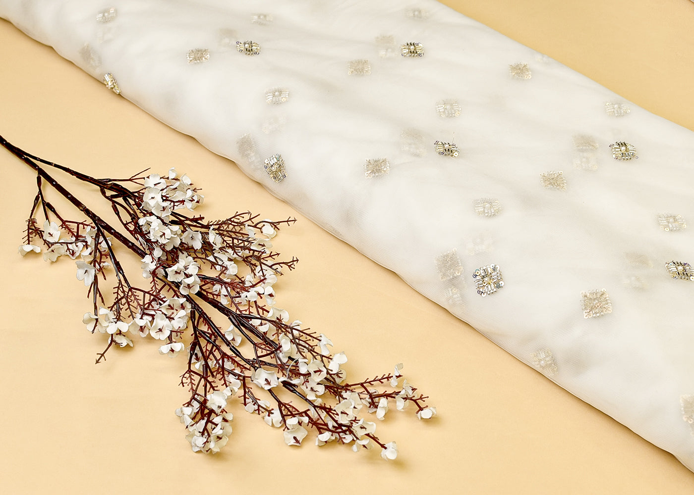 White Net Fabric with All Over Katdana, Rainbow Sequins, and Bead Buti 15003