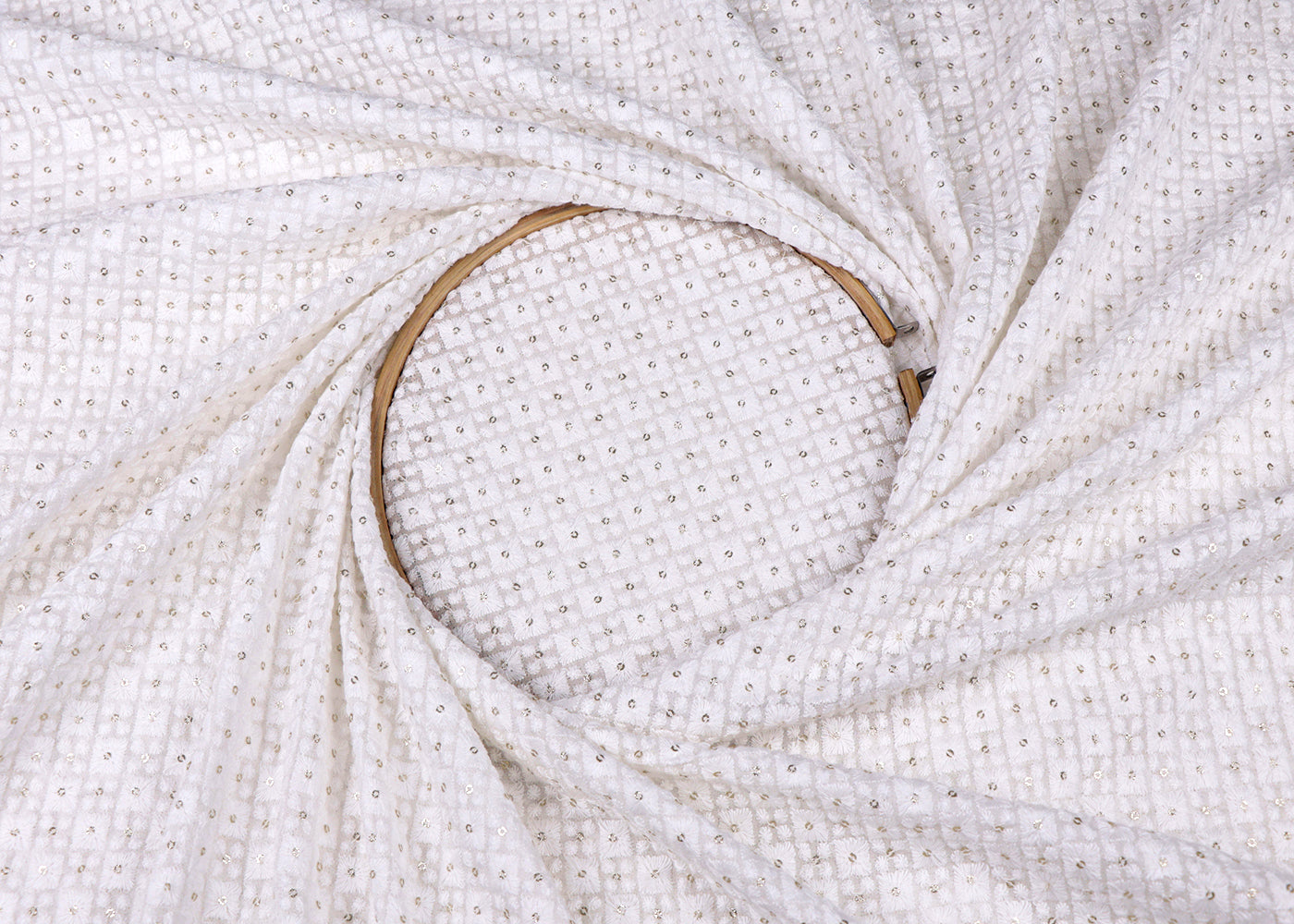 White Georgette Fabric With All Over Thread And Sequins Work 15039
