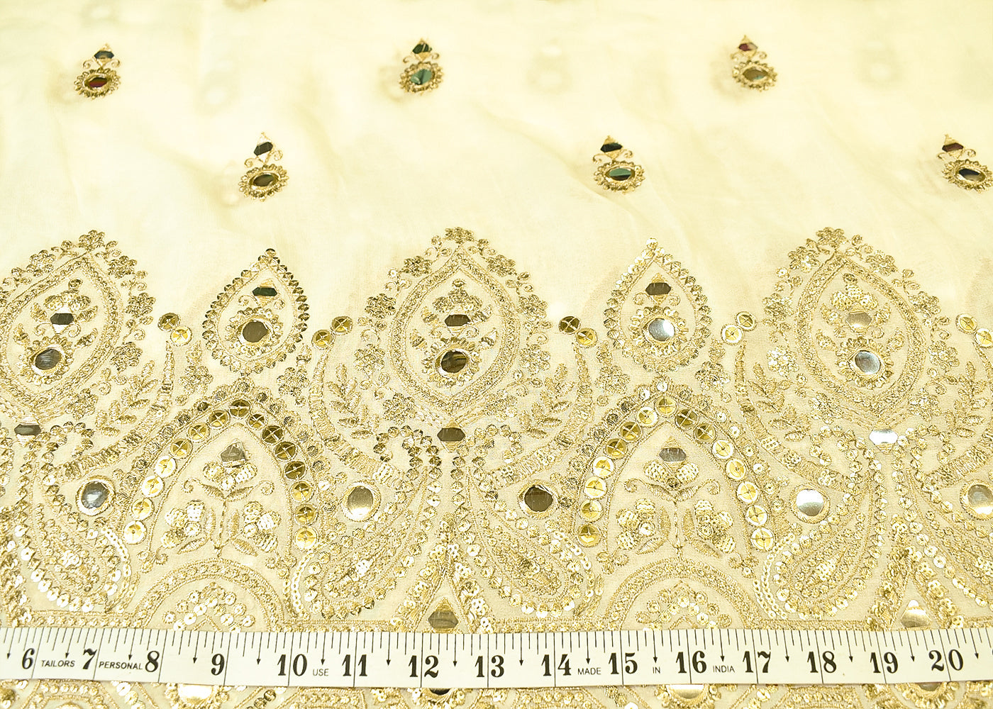 Dyeable Georgette Fabric with All Over Zari and Faux Mirror Work with One Side Heavy and Scalloped Border 15079