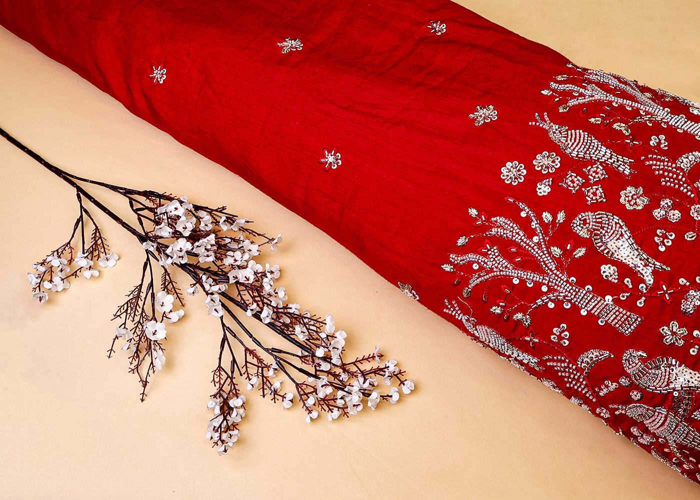 Red Dola Silk Fabric with All Over Sequins, Katdana and Thread Work and One Side Heavy Border 15085