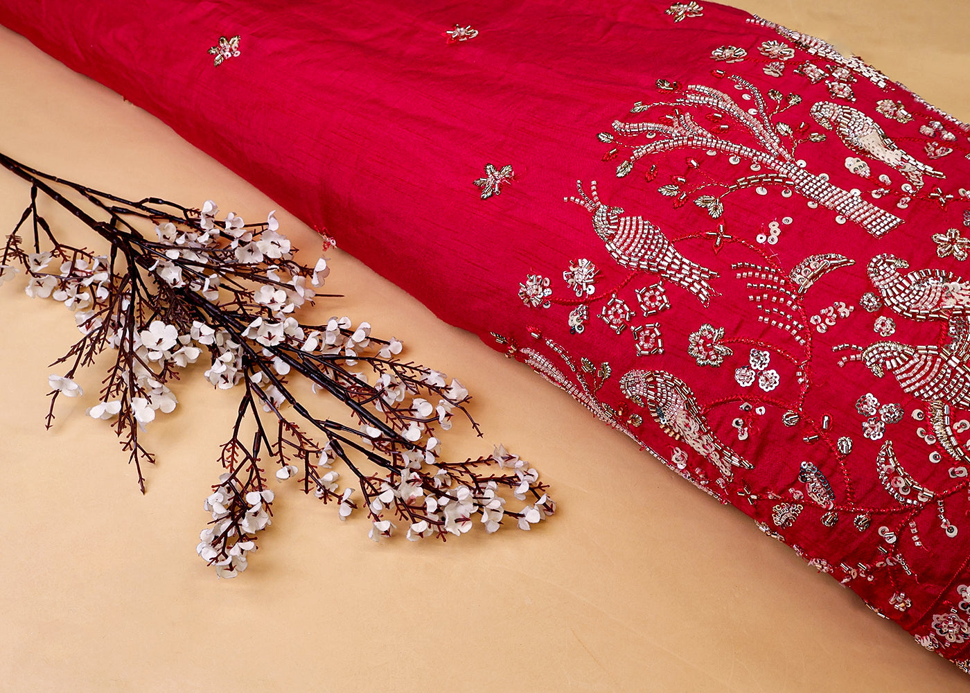 Rani Dola Silk Fabric with All Over Sequins, Katdana and Thread Work and One Side Heavy Border 15086