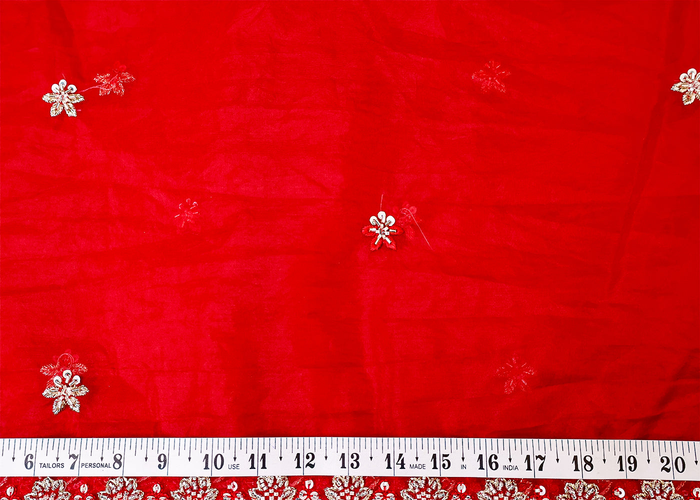 Red Organza Fabric with All Over Sequins, Katdana, and Thread Work with Two-Side Border 15089