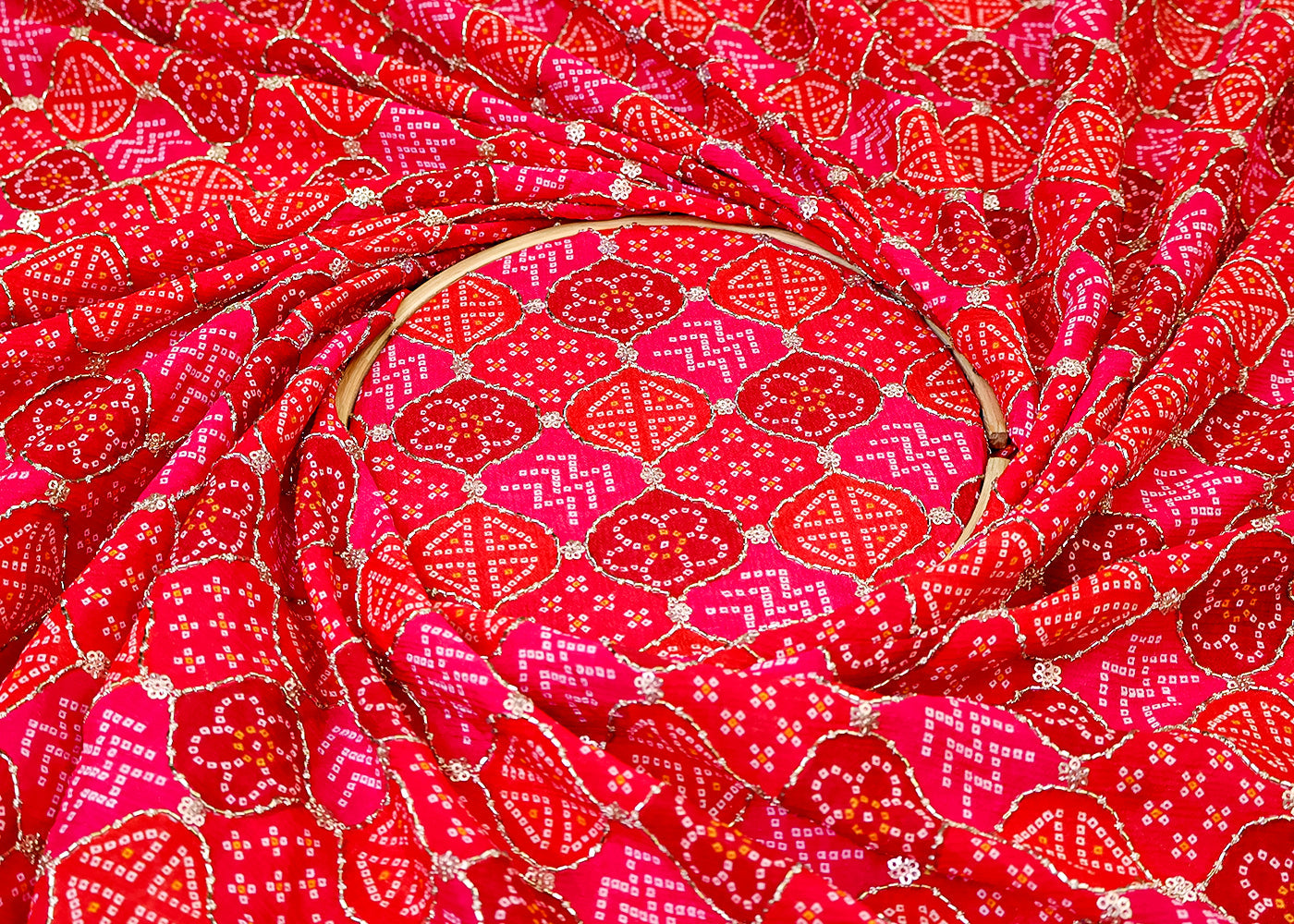 Red Chinon Chiffon Fabric with All Over Bandhani Print, Katdana and Sequins Work 15116