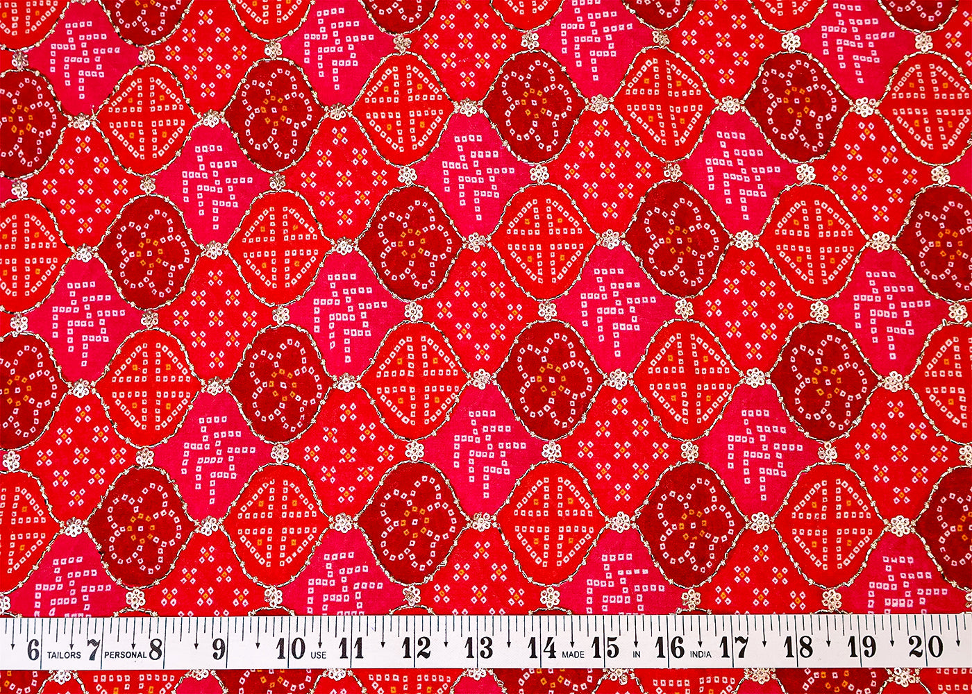 Red Chinon Chiffon Fabric with All Over Bandhani Print, Katdana and Sequins Work 15116