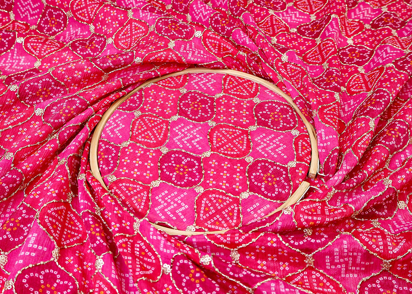 Pink Chinon Chiffon Fabric with All Over Bandhani Print, Katdana and Sequins Work 15117