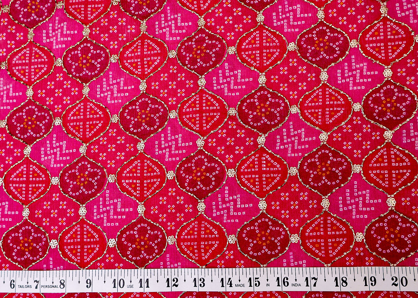Pink Chinon Chiffon Fabric with All Over Bandhani Print, Katdana and Sequins Work 15117