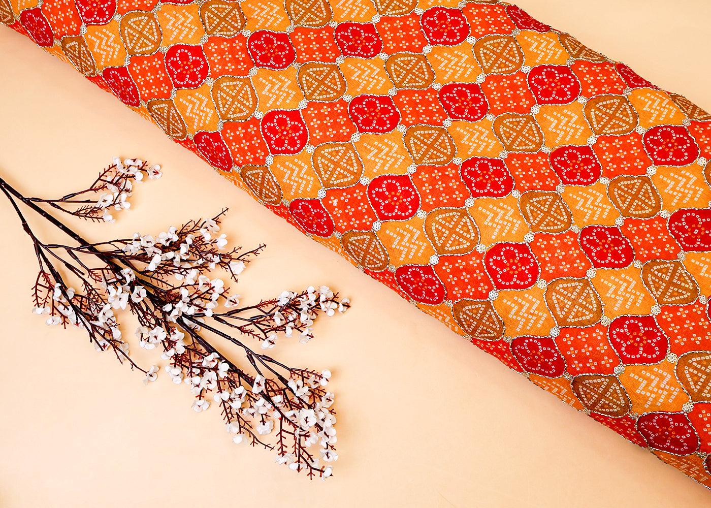 Mustard Chinon Chiffon Fabric with All Over Bandhani Print, Katdana and Sequins Work 15118