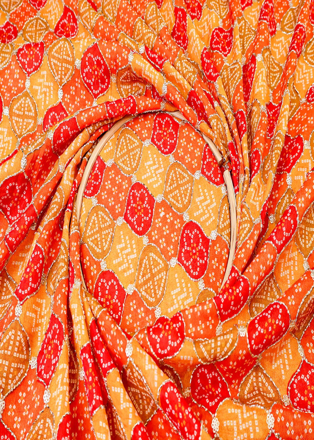 Mustard Chinon Chiffon Fabric with All Over Bandhani Print, Katdana and Sequins Work 15118