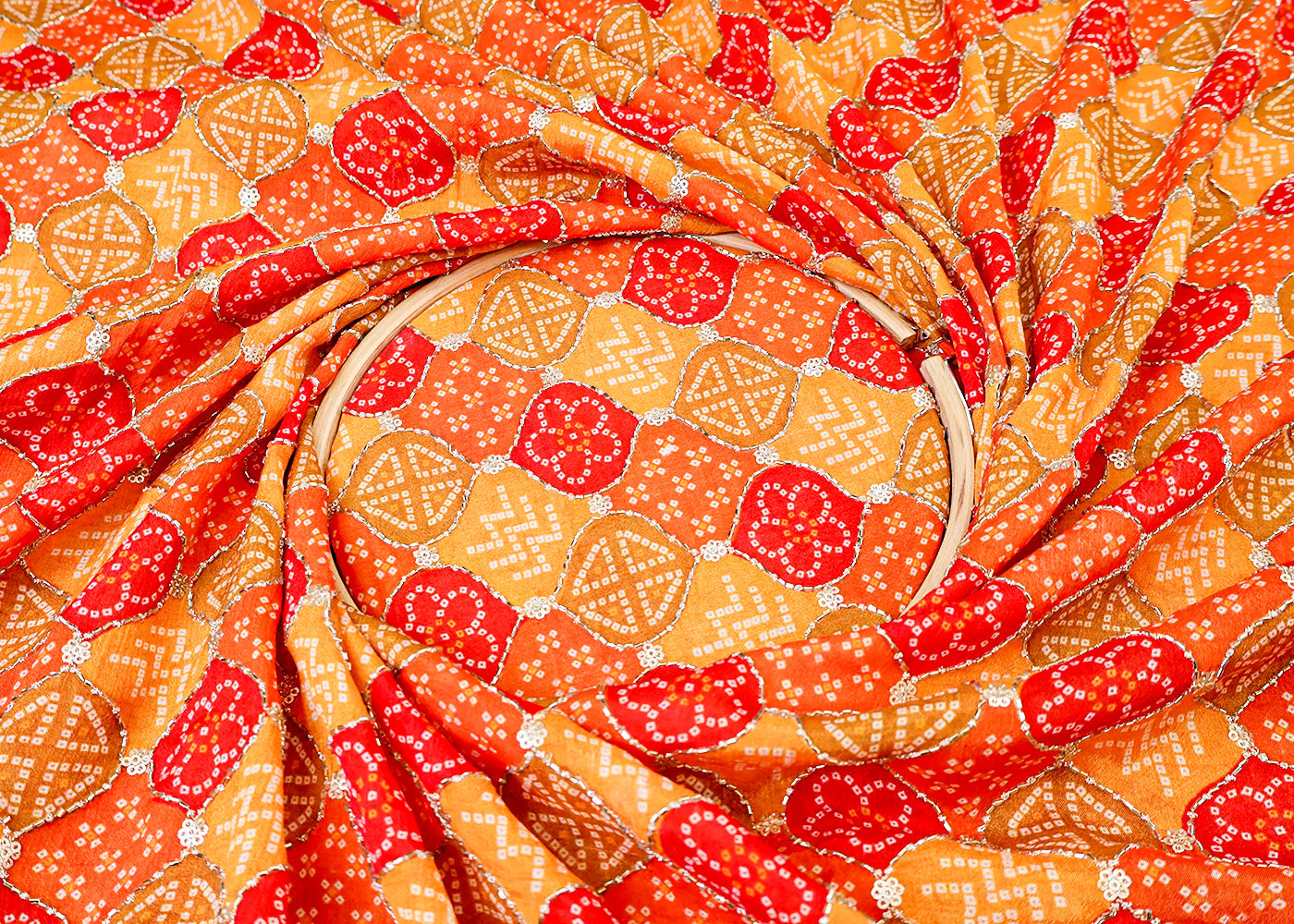 Mustard Chinon Chiffon Fabric with All Over Bandhani Print, Katdana and Sequins Work 15118