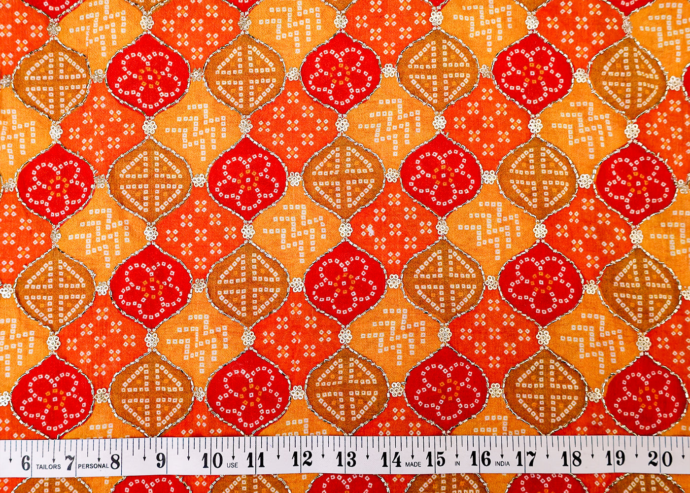 Mustard Chinon Chiffon Fabric with All Over Bandhani Print, Katdana and Sequins Work 15118