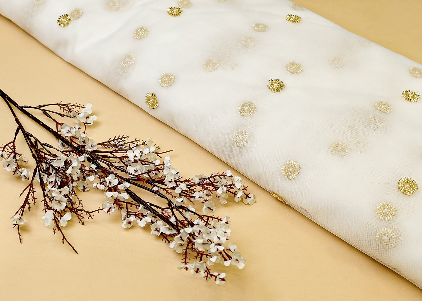 White Net Fabric with All Over Golden Katdana and Bead Buti 15137