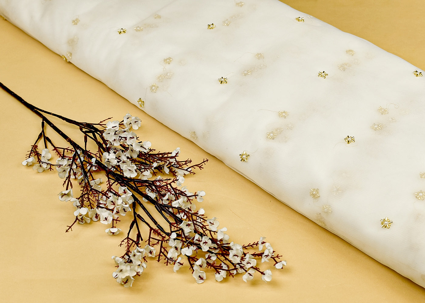 White Net Fabric with All Over Golden Katdana and Bead Buti 15139