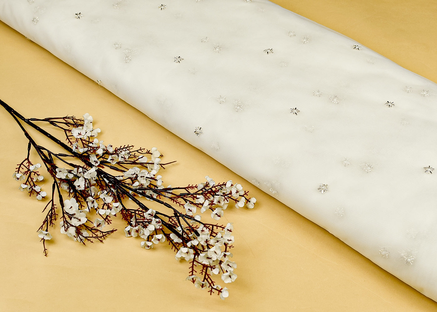 White Net Fabric with All Over Silver Katdana and Bead Buti 15140