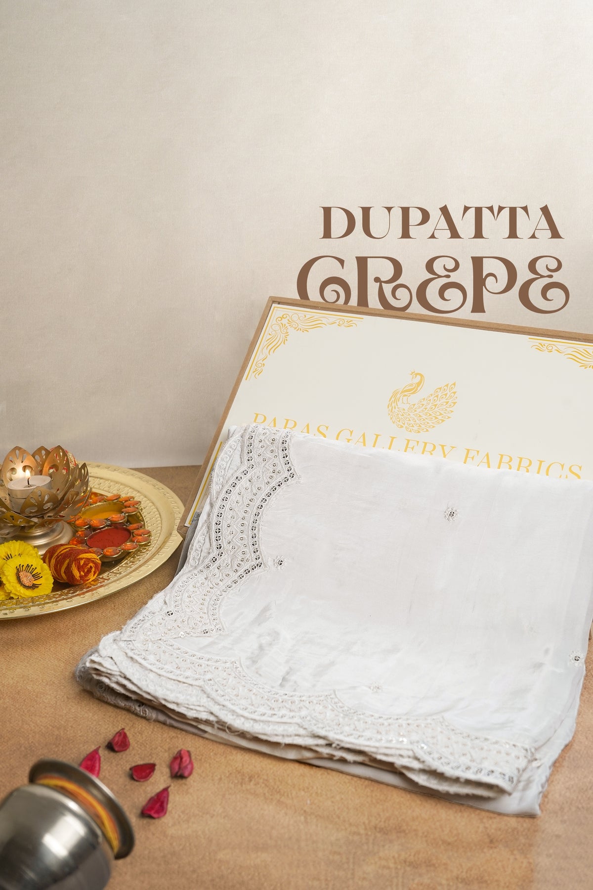 White Dyeable Crepe Dupatta With All Over Thread And Sequins Work 15188