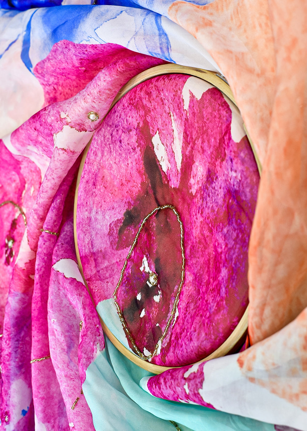 Magenta-Organza-Fabric-with-All-Over-Print,-Katdana-and-Pearl-Work-15229-close-view