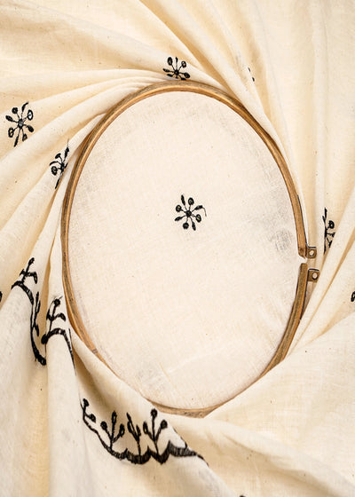 Off White Cotton Fabric with All-Over Black Thread & Sequins Work and Two Side Scalloped Border 15238