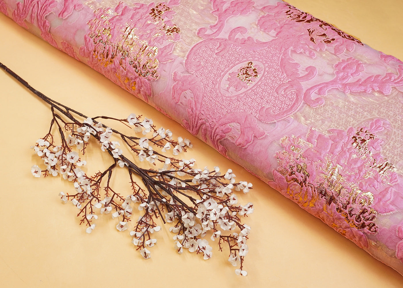 Light Pink Faux Organza Fabric with All-Over Embossed Work 15250