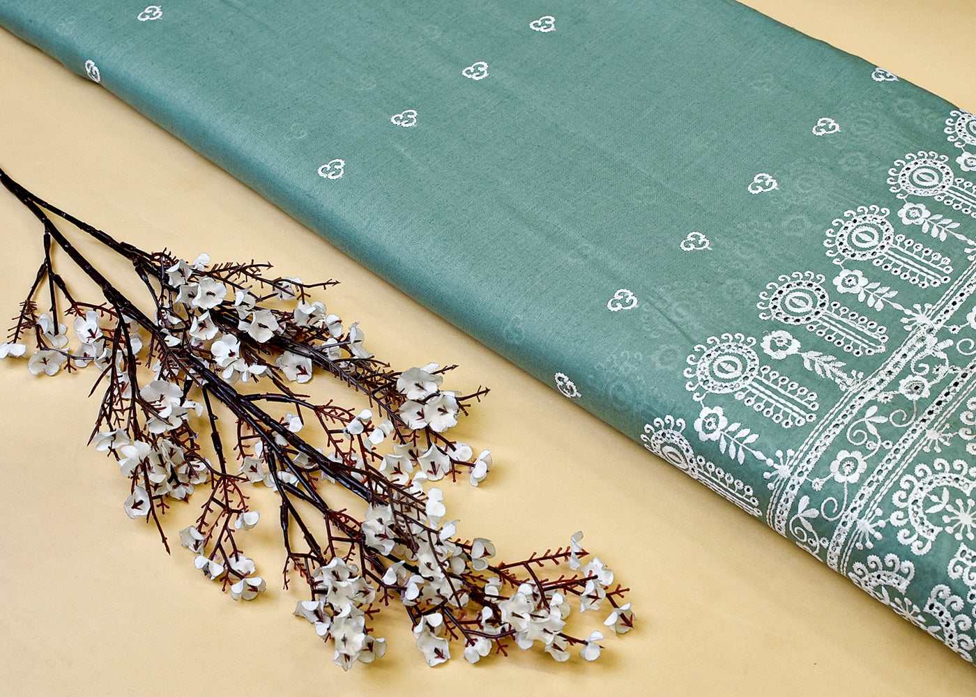 Green Cotton Fabric with All Over Thread Work, One Side Heavy Cutwork and Scalloped Border 15258
