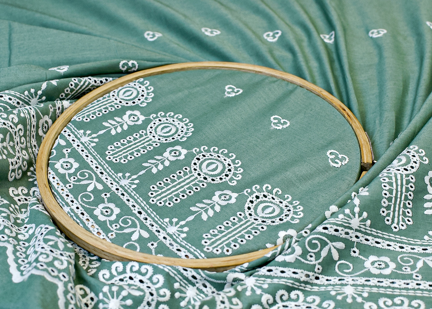 Green Cotton Fabric with All Over Thread Work, One Side Heavy Cutwork and Scalloped Border 15258