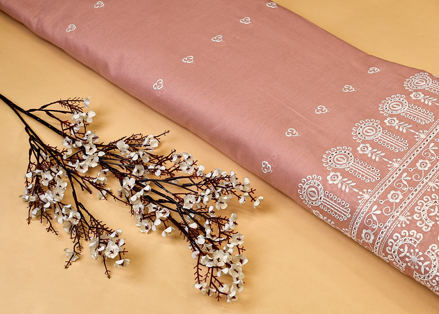 Baby Pink Cotton Fabric with All Over Thread Work, One Side Heavy Cutwork and Scalloped Border 15260
